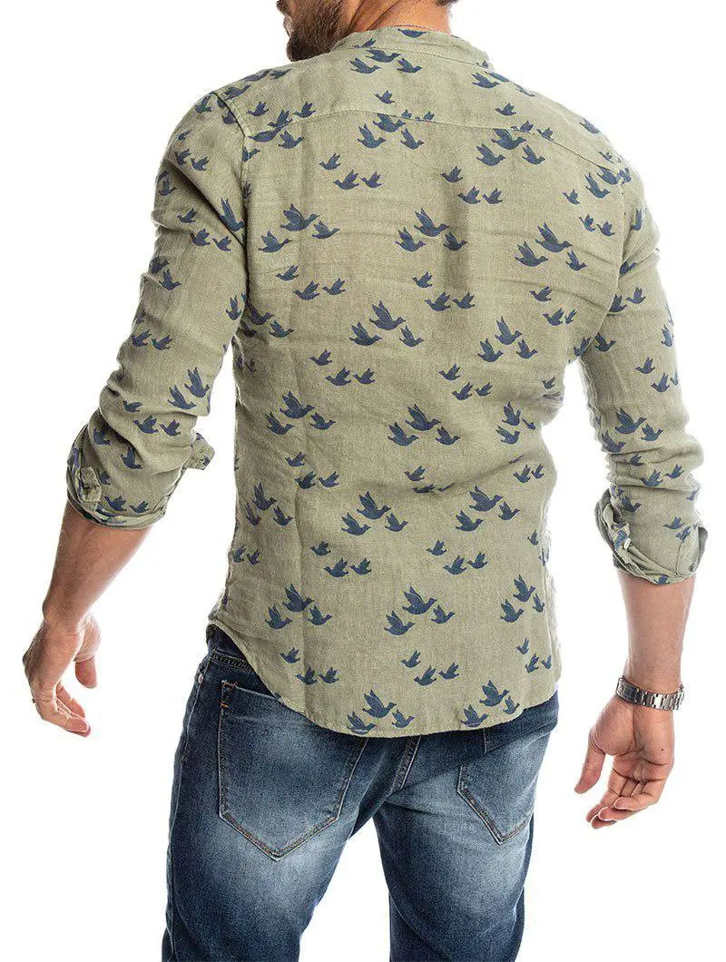 

Hot Sale Autumn 2020 New Linen Men's Long Sleeve Shirt Casual Fashion 3D Print Stand Collar European American Shirts for Men
