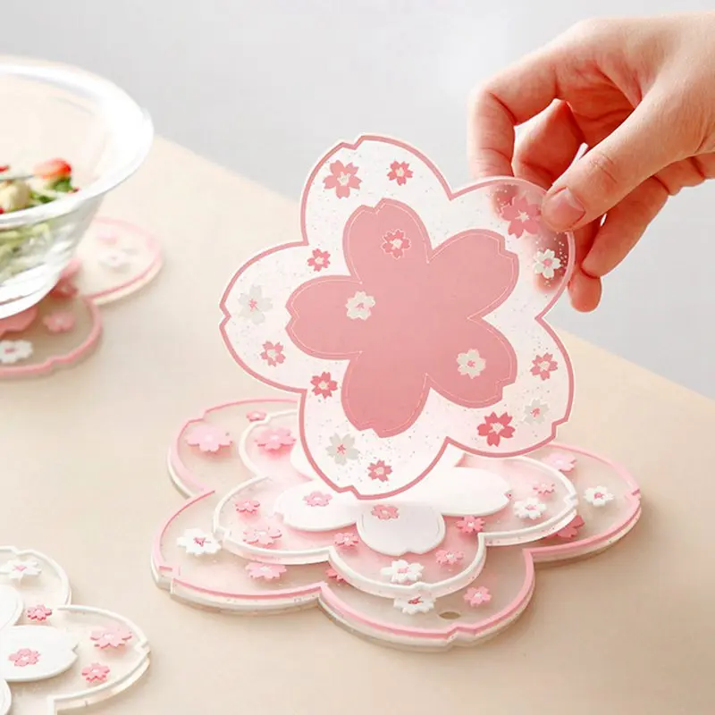

1PC Cute Coasters Flower Insulation Placemat PVC Soft Rubber Dining Tableware Pot Mat Hang Non-Slip Sakura Cup Coaster Table Mat