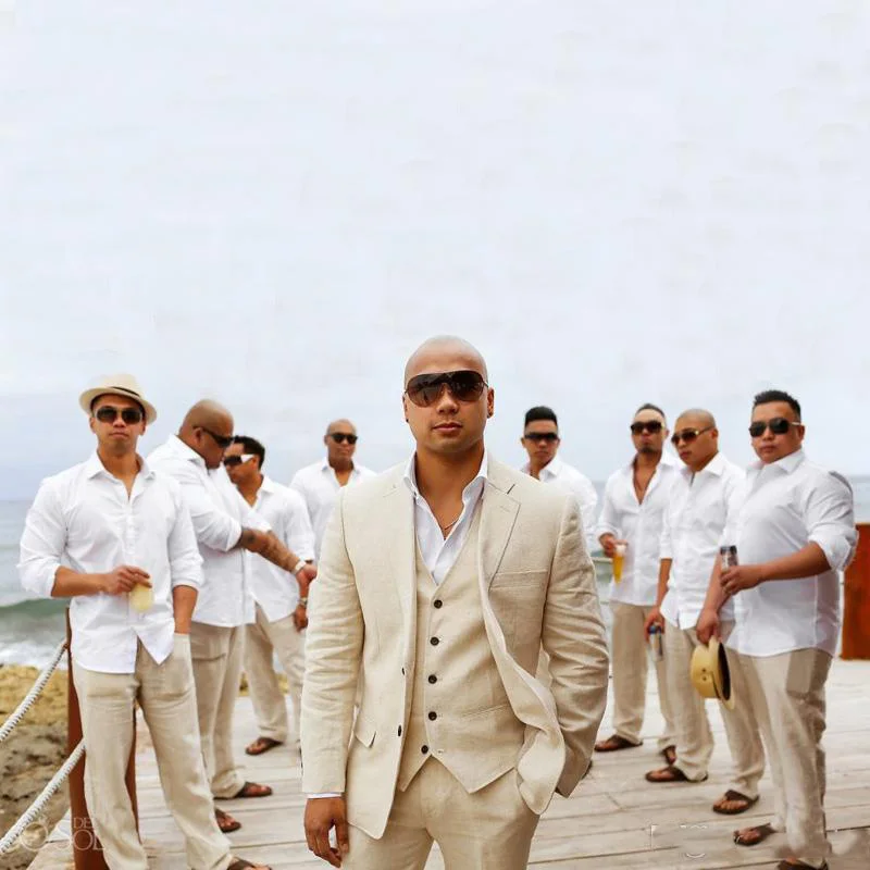 

Custom Made Ivory Beige Beach Linen Wedding Suits Men Suits 2020 Best Man Summer Marriage Groom Tailored Tuxedo 3 Pieces