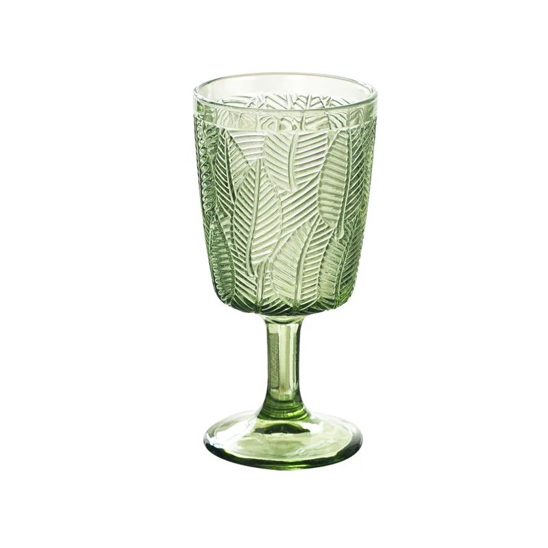 Copa de vidrio con hojas frescas en relieve, copa de vino tinto verde Vintage, copa de bebida, copa de vino-0