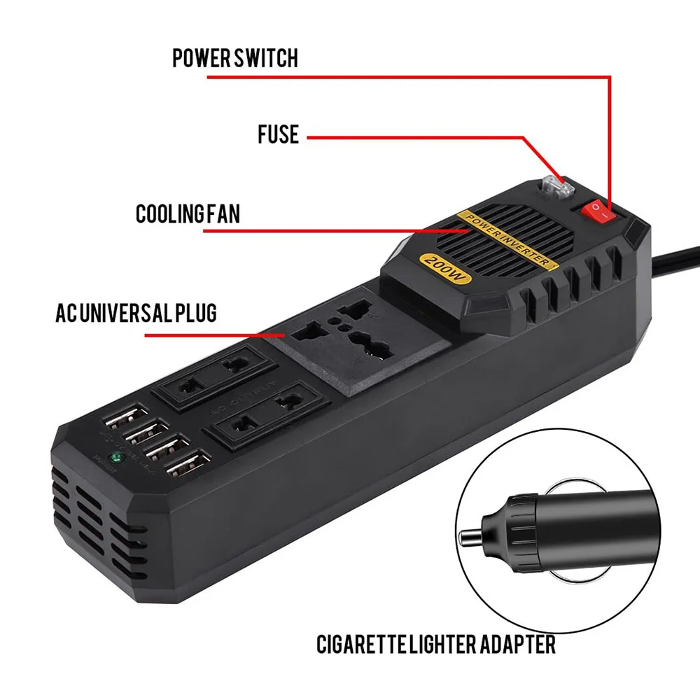 

TiOODRE 200W Mini Car Vehicle Inverter DC 12V to AC 220V USB Output High-power Power Inverter Small Car Special Edition