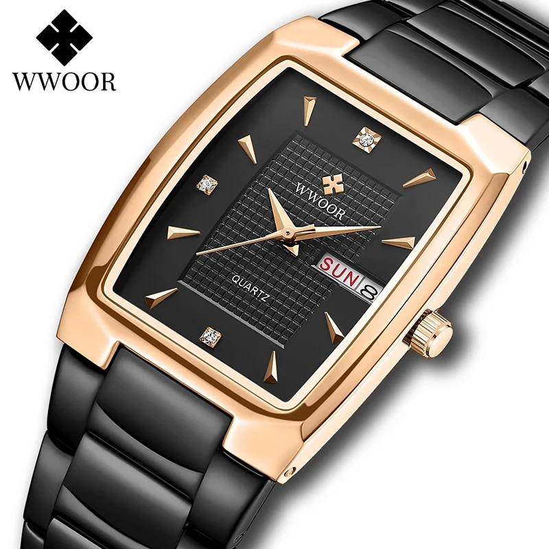 WWOOR 2021 New Mens Square Watches Luxury Stainless Steel Business Gold Wrist Watch Top Brand Sport Date Waterproof Reloj Hombre