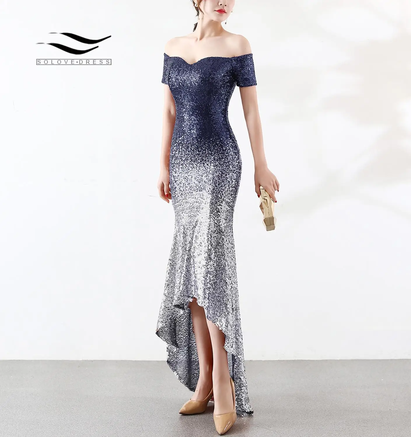 

SOLOVEDRESS Sweetheart Gradient Color Sequin Cocktail Dress High-Low Off the Shoulder Party Dancing Dress Mermaid A Line C76