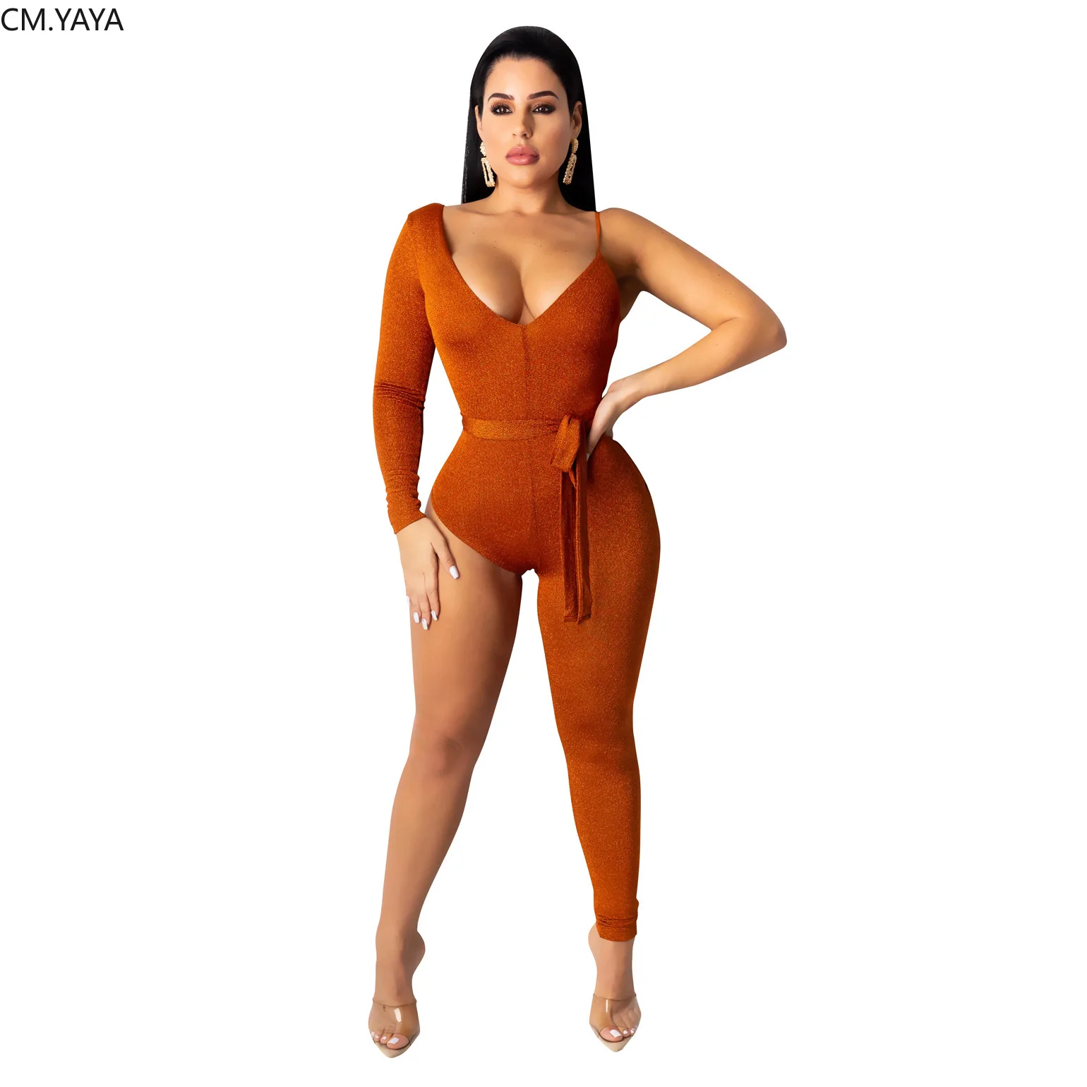 Женский Длинный комбинезон на тонких бретельках с высокой талией и V-образным