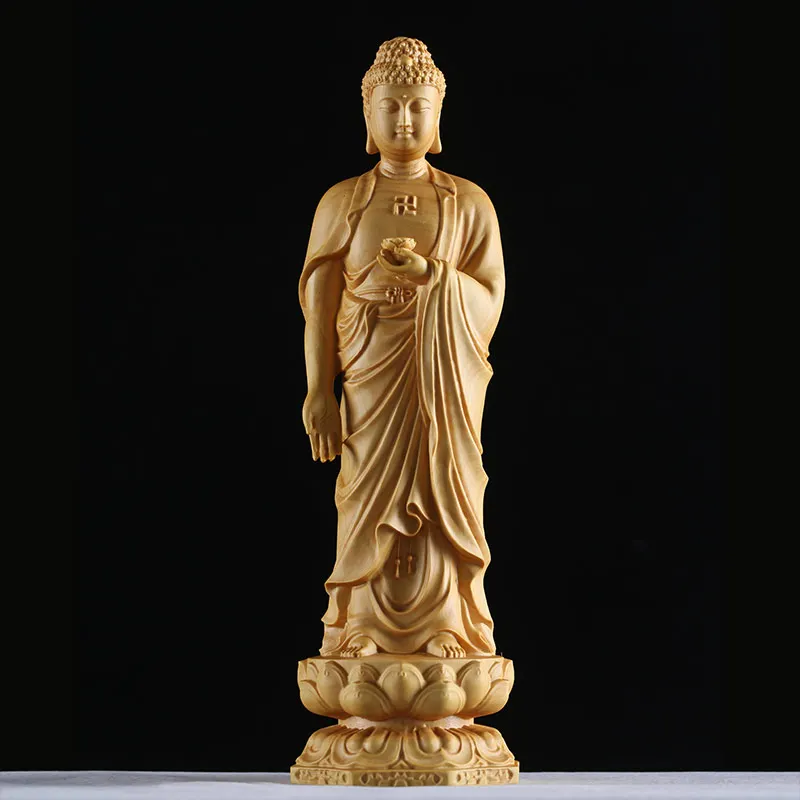 Boxwood 15cm 20cm 30cm  Amitabha Sculpture Buddhism Feng Shui Solid Wood Figurine Buddha Statue Home Decor