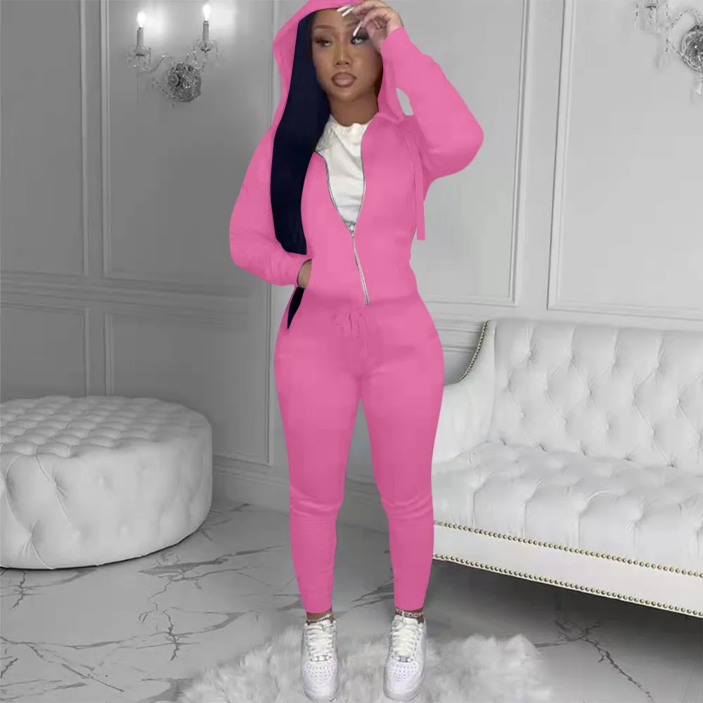

Casual Women Tracksuit Two Piece Set Biker Suit Hooded Zipper Coat + Long Pants Sportsuit Matching Set Clothes For Women Outfit