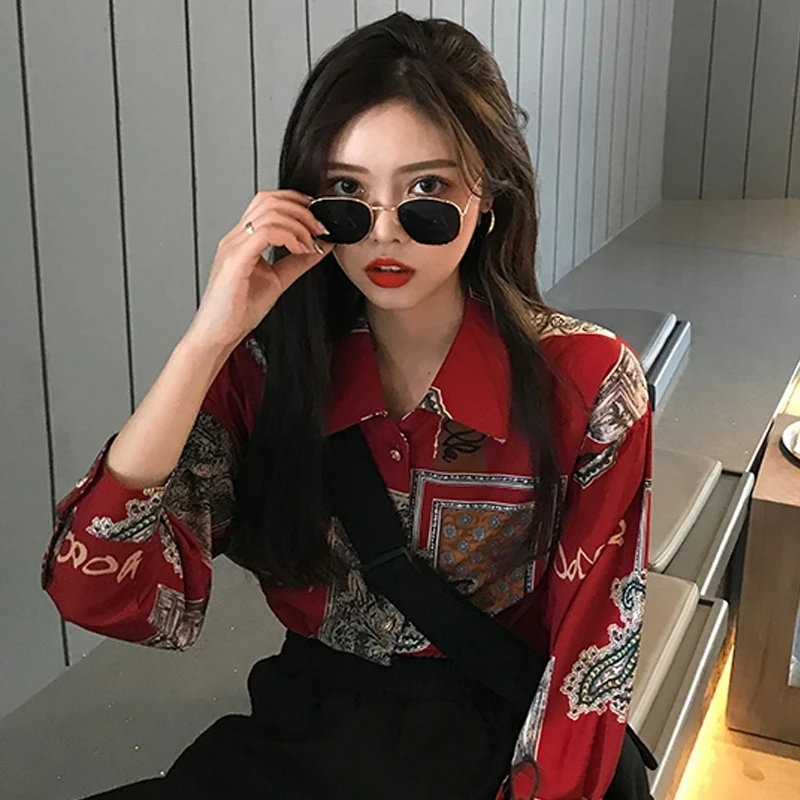 Осенняя винтажная рубашка женская красная модная блузка с принтом и открытыми