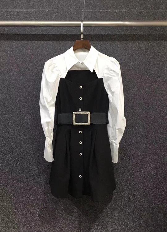 

2021 new women fashion shirt collar stitching belt slim dress 1030