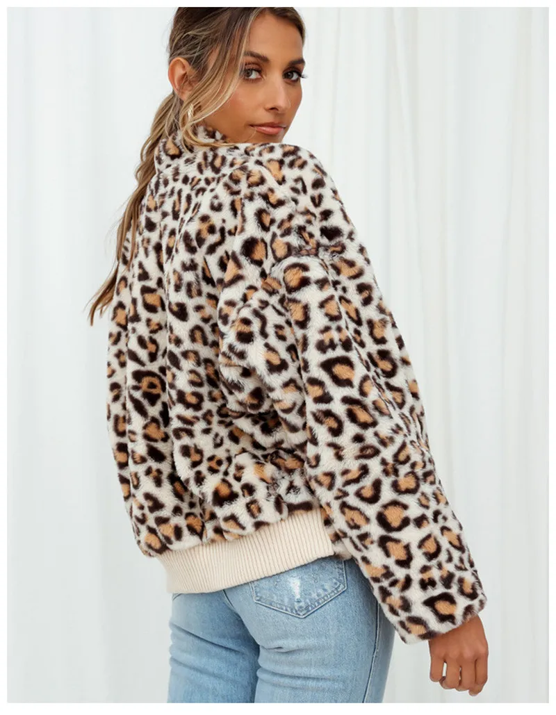 

Winter Women Leopard Teddy Coat Plush Buttock Stand Collar Long Sleeve Elastic Garment for Female Jacket