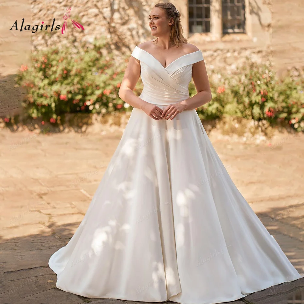 

Alagirls Satin Wedding Dress Princess Plus Size Bridal Dress Lace Up Boho Beach Dress Long Train Elegant vestidos de novia
