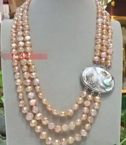 

natural 3Rows 8-9mm Australian south sea gold pink pearl necklace & beauty shell flower clasp 17"-20"