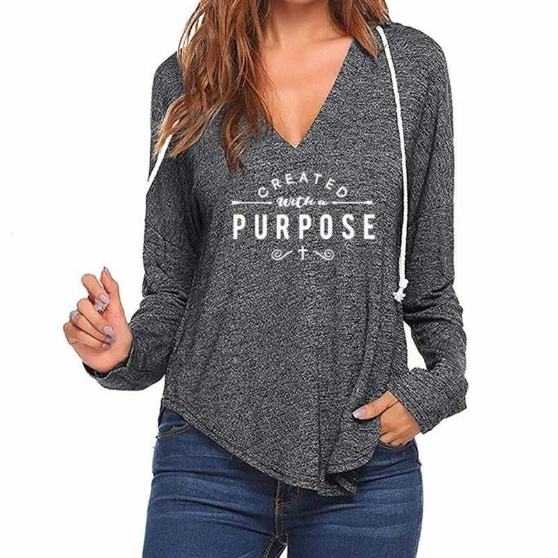 

Jesus Bible Faith Hoodies For Women V-Neck Hoodies Created With A Purpose Letters Print Kawaii Sweatshirts Femmes 2021 Clothes