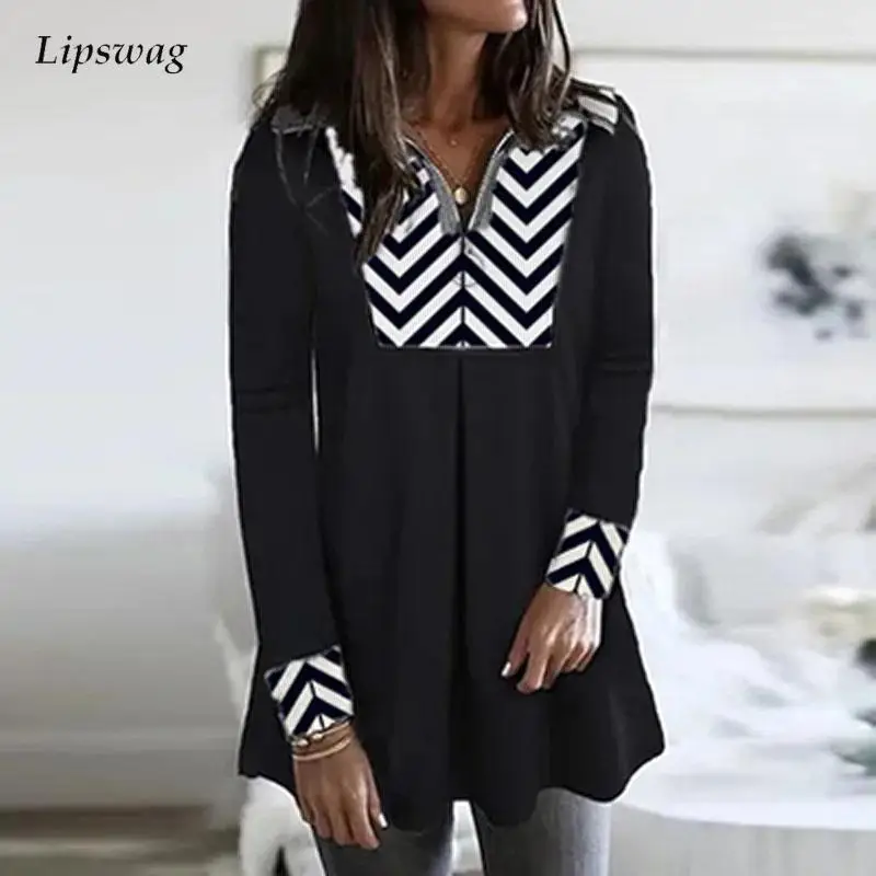 

Винтажный пуловер на молнии с V-образным вырезом, топ, Женская Полосатая Рубашка с длинным рукавом в стиле пэчворк, блуза, Повседневная плисс...