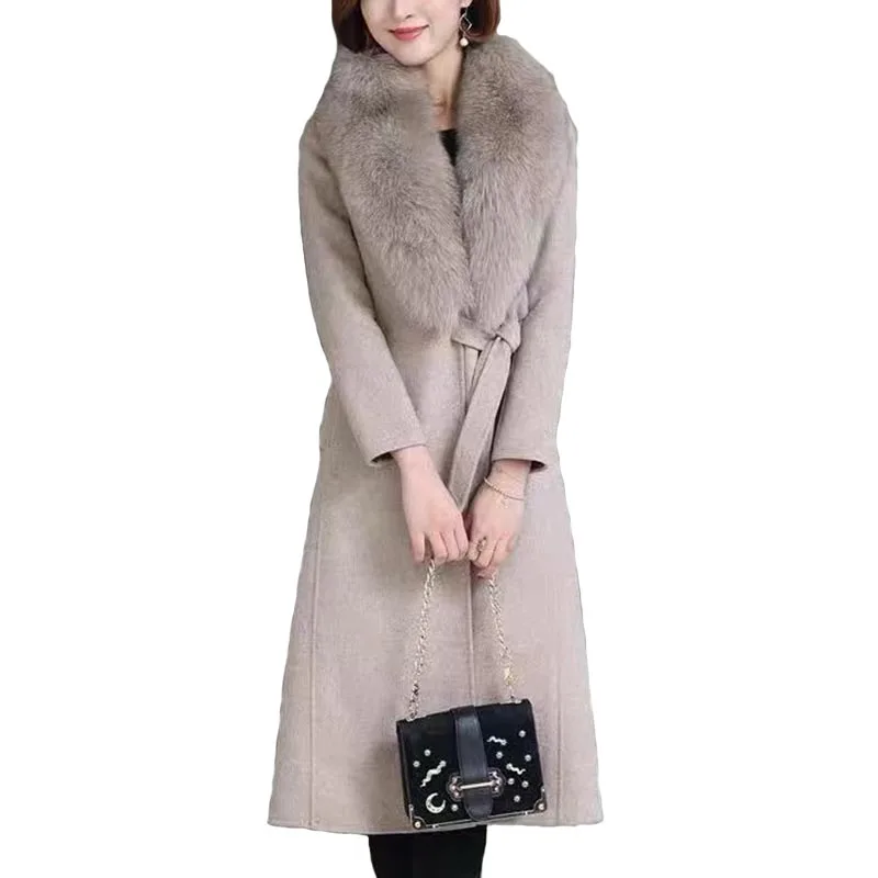 

Khaki Woolen Blends Long Coat Women Winter Furry Collar Belt Long Sleeve Slim Warm Elegant Ladies Overcoats Fashion 2022 N94