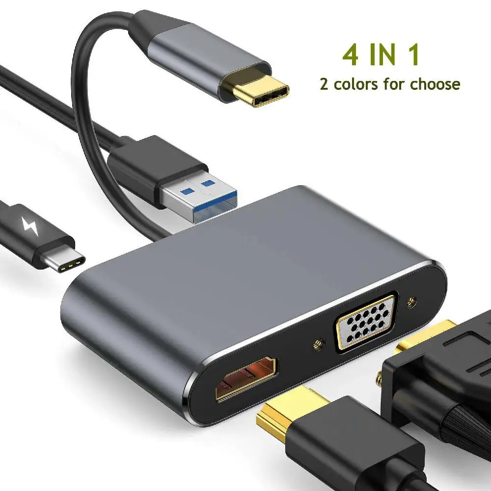 4-в-1 Аудио Видео адаптер USB Type-C к HDMI 4K конвертер с + VGA PD USB3.0 интерфейс быстрое