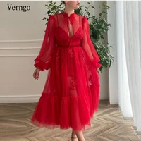 verngo 2021 red tulle a line long sleeves evening dress high neck lace underneath two pieces midi formal party prom gowns