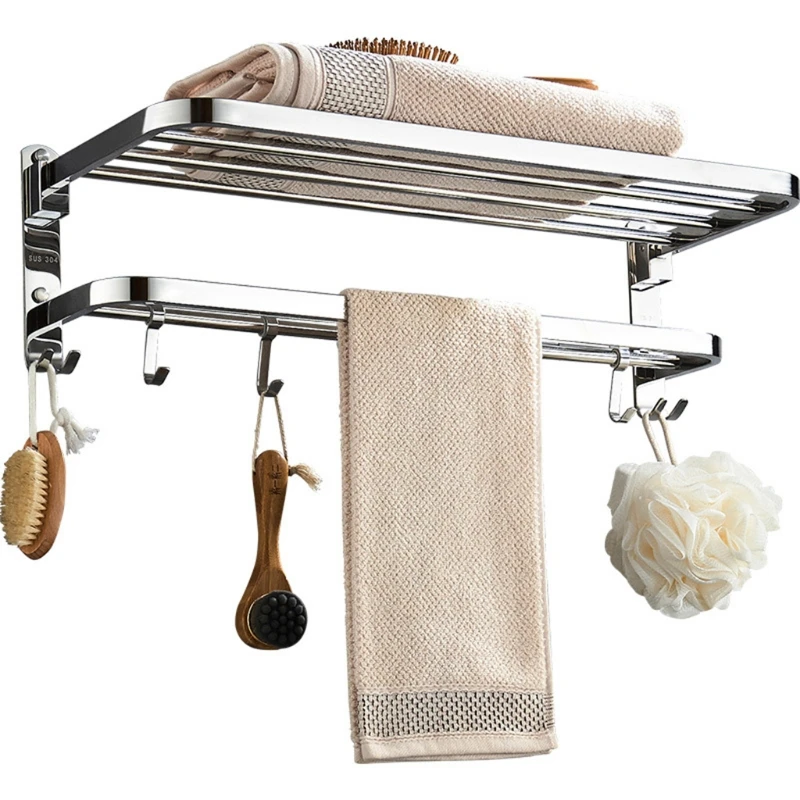 

Stainless Steel Wall Mounted Foldable Bath Towel Rack Rail Holder Punch-Free Bathroom Storage Shelf with 4 Sliding Hooks