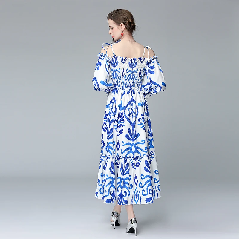 

2021 new Australian one-neck lantern sleeve printed sling dress with waist and slim temperament women dress