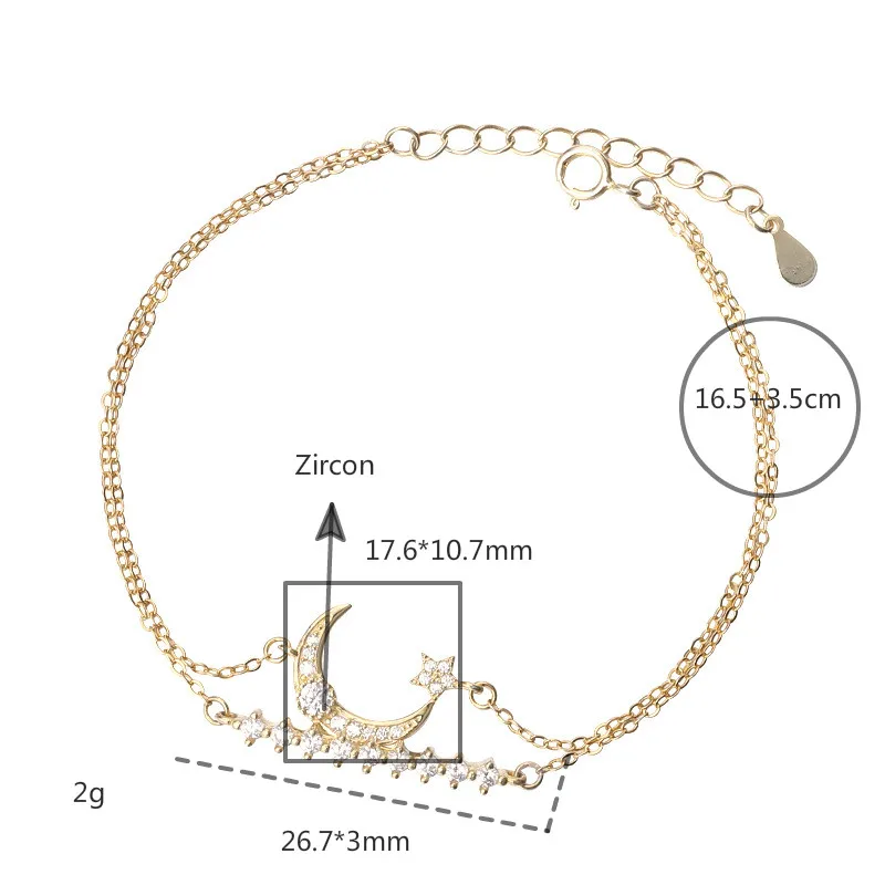 

18k Gold Double Layer Star Moon Real 925 Sterling Silver Bracelets For Women Cubic Zirconia Fine Jewelry Bracelets & Bangles Fly
