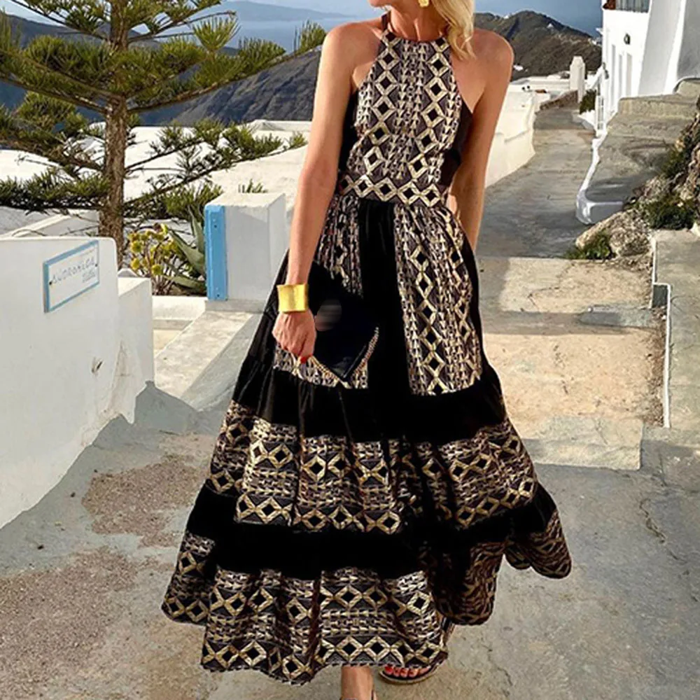 

Europe America Explosion 2021 Summer New Printing Bohemia Fashion High Waist Loose Printing Backless Strapless Women's Dress