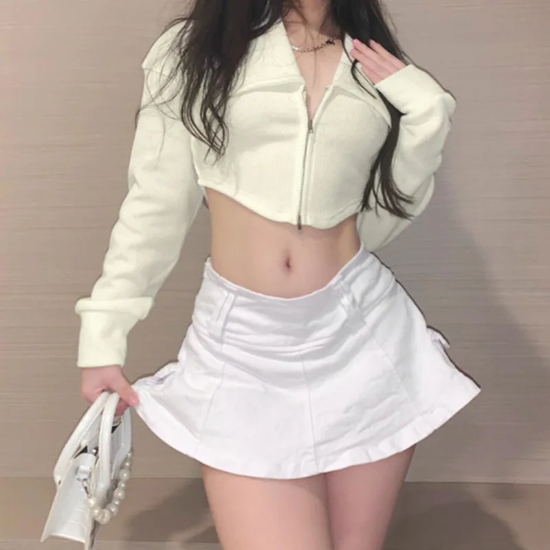 

Lapel Knitted Zipper Jacket 2023 Autumn New Korean Solid Color Short Knitted Cardigan Sweet Fairy Style Sweaters Women Y2k Tops