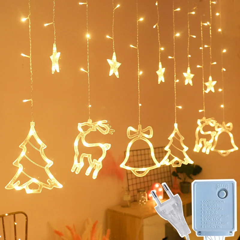 

LED Christmas Lights Holiday Fairy String Curtain Lights Xmas Tree Deer Stars Garland Lighting Window Indoor Outdoor Decor Lamp