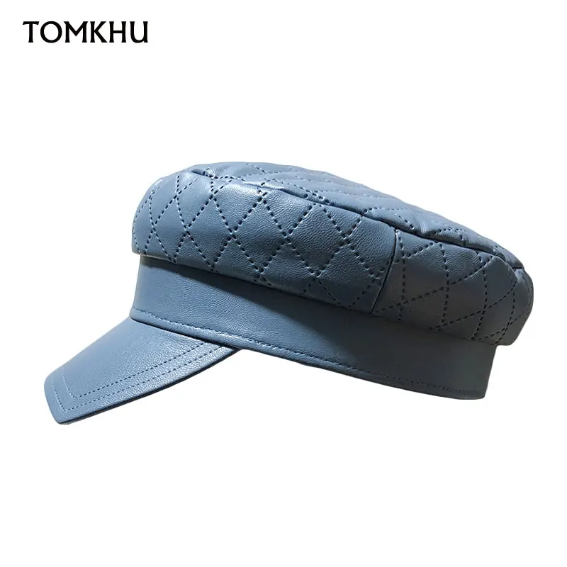 

Winter Sailor Hats Women PU Leather Warm Caps Europe and America Retro Lrregular Brim Flat Top Casual Wild Octagonal Cap Visors