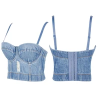 women destucted denim bustier crop top spagehtti strap ripped push up corset camisole vest night club jeans bralette
