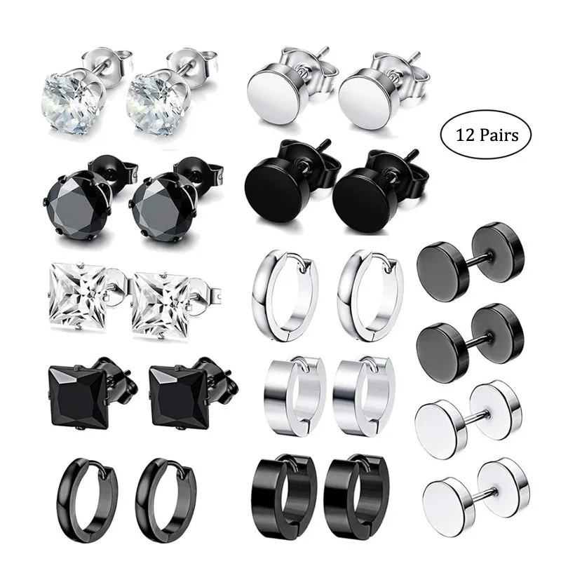 

Small Hoop Earrings Set For Men Square Round Stud Earrings Stainless Steel Korean Hiphop Edgy Punk Hoops Goth Jewelry for Boys
