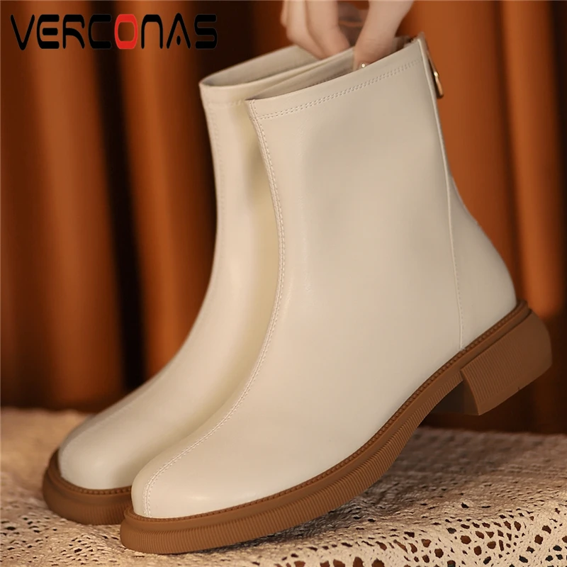

VERCONAS Office Ladies Casual Women Ankle Boots Autumn Winter Genuine Leather Fashion Concise Low Heels Back Zipper Shoes Woman
