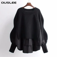 ouslee 2021 autumn winter knitted women sweater korean style casual patchwork pullover female lantern sleeves pull femme jumpers