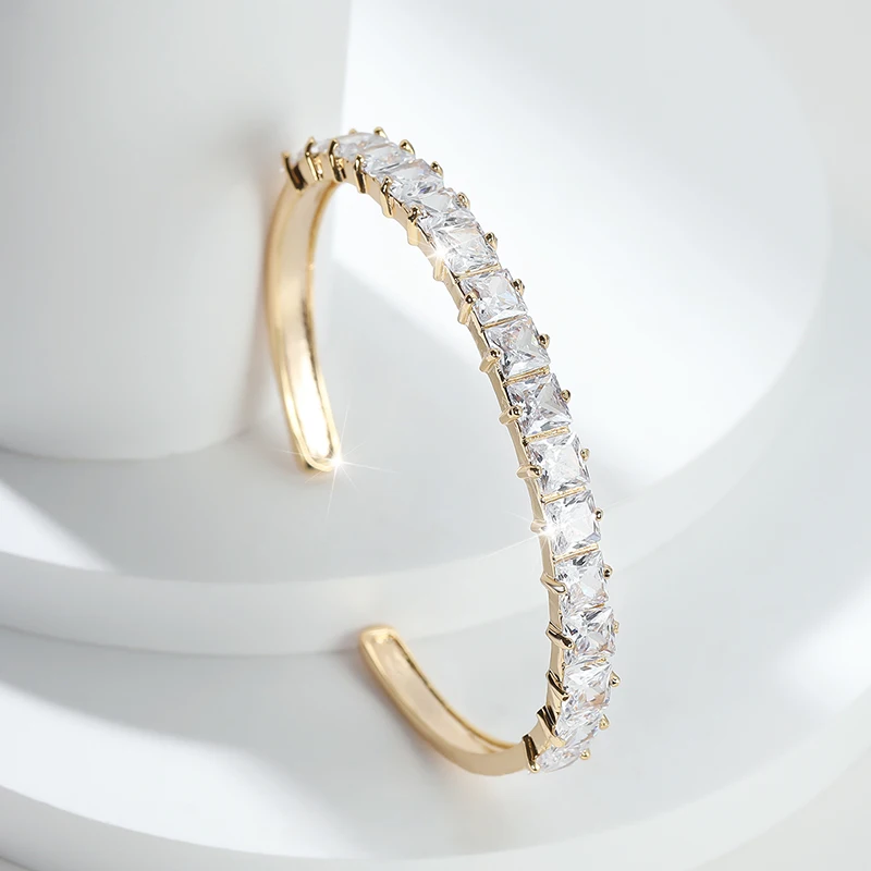 

14K Gold Elegant Cuff Bangle for Women Line Square Zircon Inlaid Open Adjustable Bangles Bracelet Bridal Wedding Jewelry Gift