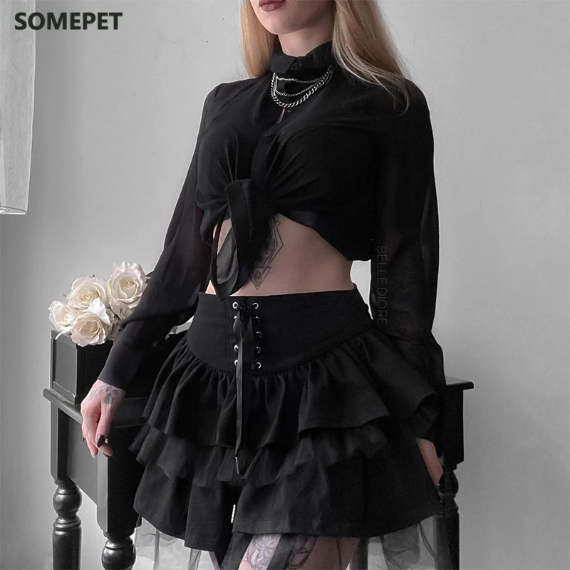 

Goth Aesthetic Lace Up Mini Skirt For Women Dark Academia Mesh Patchwork A-Line Skirt Punk Style Party Black Saias