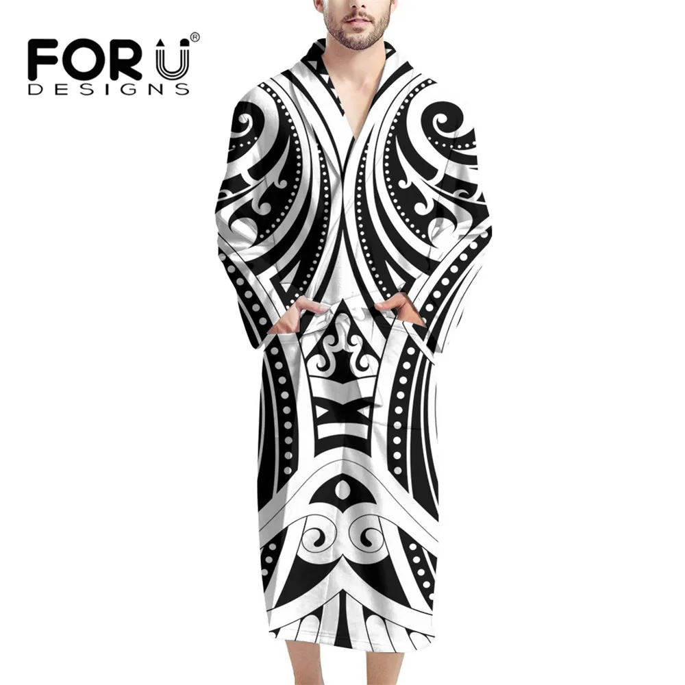 

FORUDESIGNS Black And White Maori Tribal Tattoo Pattern BathRobe For Mens Kimono Flannel Terry Cloth Robe Pajama Casual Cloth