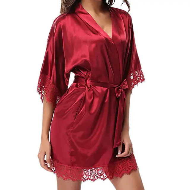 Wine red Новое горячее сексуальное женское белье размера плюс, атласное кружевное черное кимоно, интимная одежда для сна, халат, сексуальное ночное платье, женское эротическое нижнее белье XXXL - Цвет: Wine red