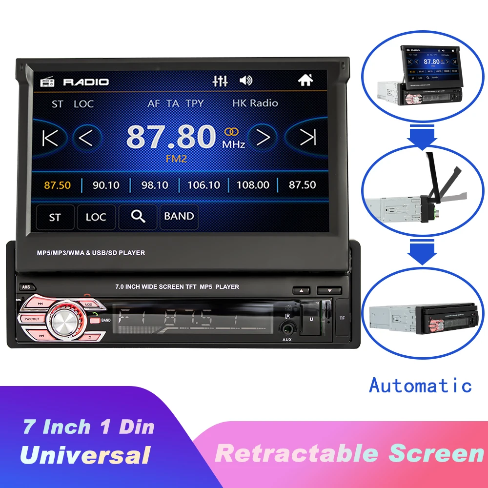 

1-Din Retractable Touch Screen 7" Car MP5 Player Hands-free Bluetooth FM AUX USB TF SD Support Radiotuner Car Multimedia Carplay