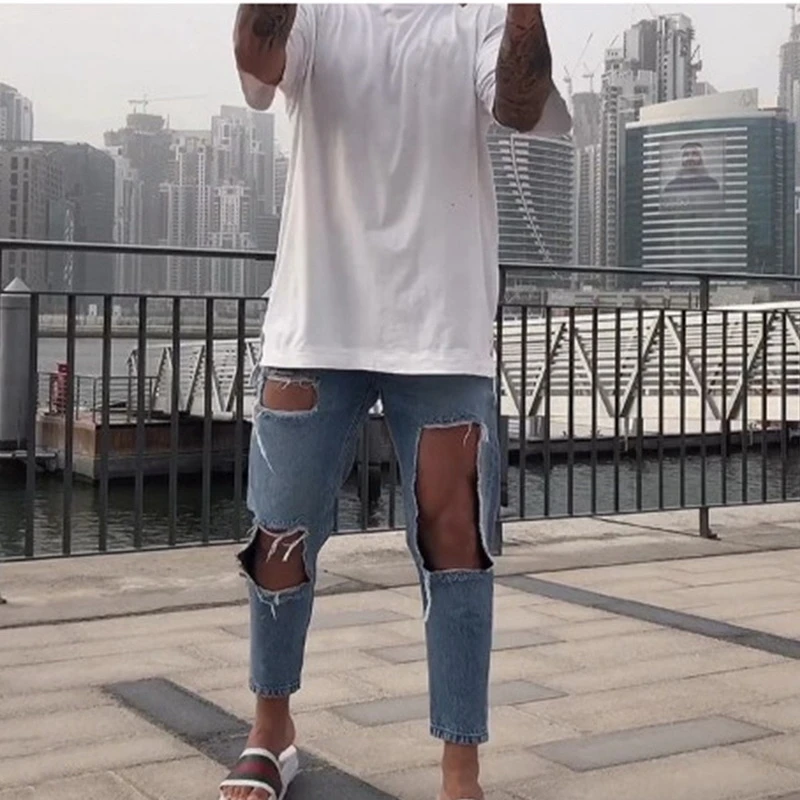 Disputent Новые мужские рваные джинсы свободного кроя стрейч модные облегающие на