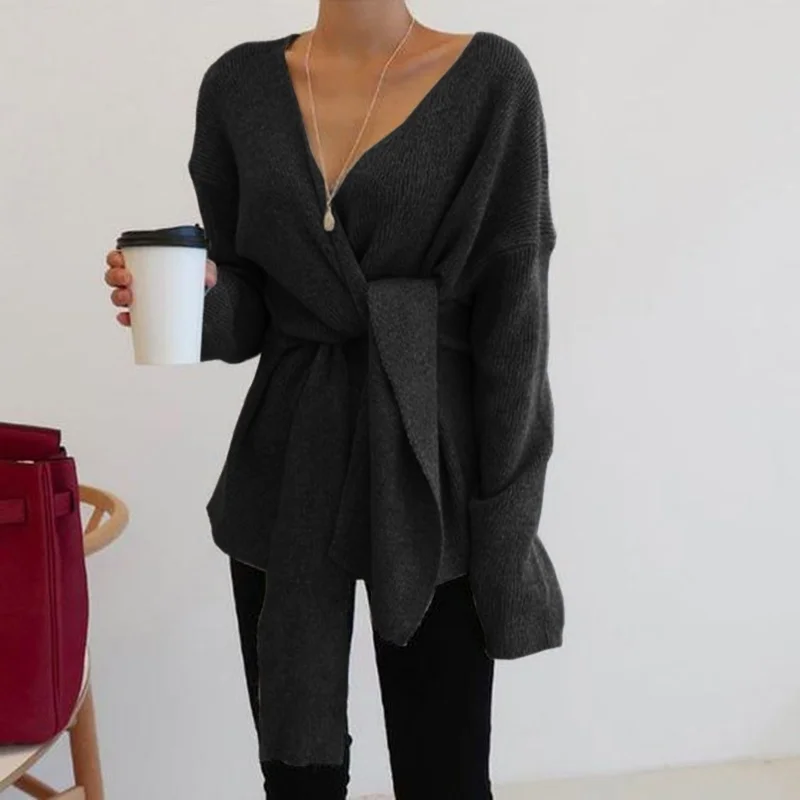 

Женский свитер с высокой талией, Однотонный свитер с V-образным вырезом и длинным рукавом, Осень-зима 2021