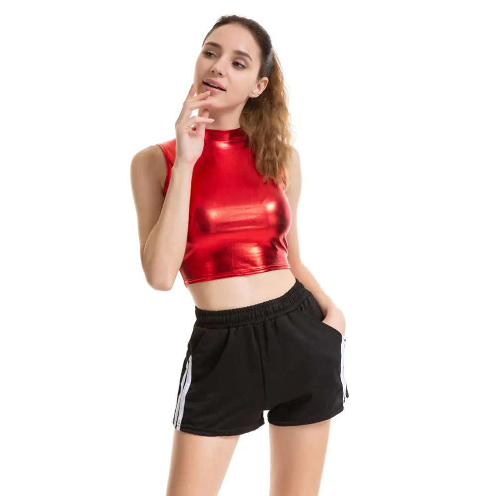 Блестящая женская майка из искусственной кожи с эффектом Wetlook Облегающая рубашка