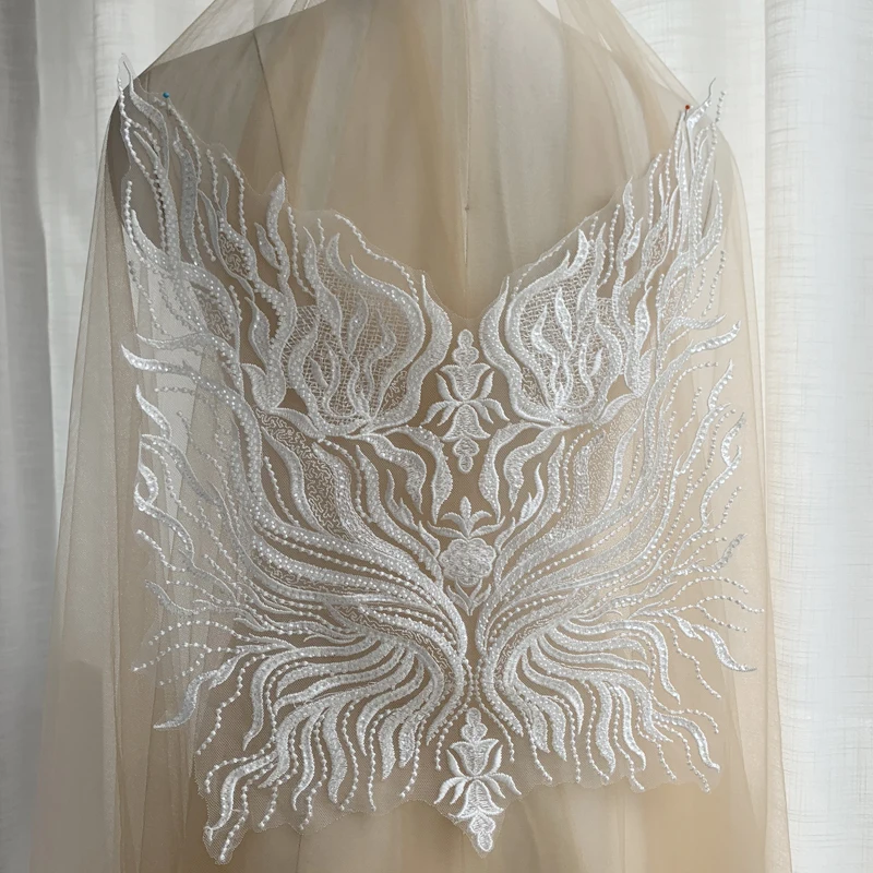 

Кружевная нашивка с бисером цвета слоновой кости, вышивка, тюль, сетчатый топ для свадебного платья, Кружевная аппликация с бусинами и блест...