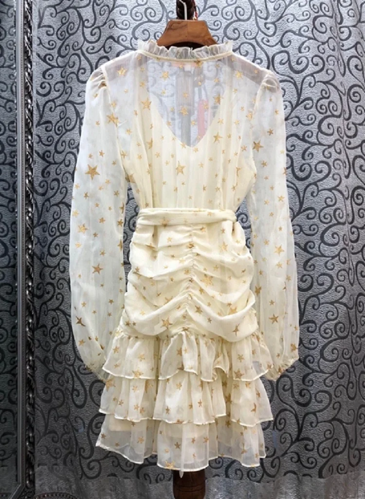 

2021 Novia Party Spring Sexy Club Dress Women V-Neck Golden Prints Cascading Ruffle Patchwork Long Sleeve Black Yellow Dress