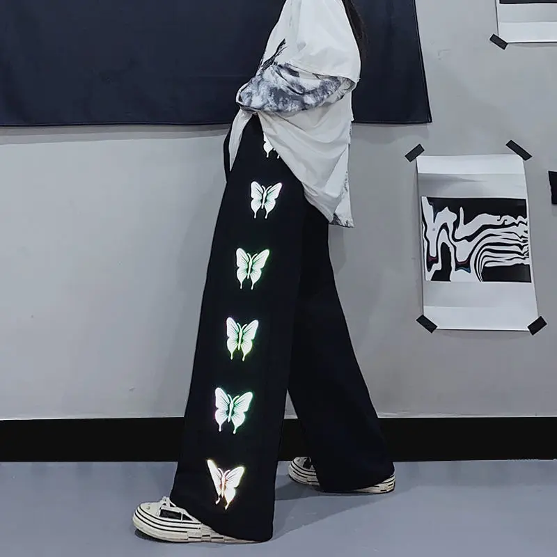 

Japanese Harajuku butterfly Reflective Women's Sweatpants Korean Female Trousers Spring Jogging Straight casual Wide Leg Pants