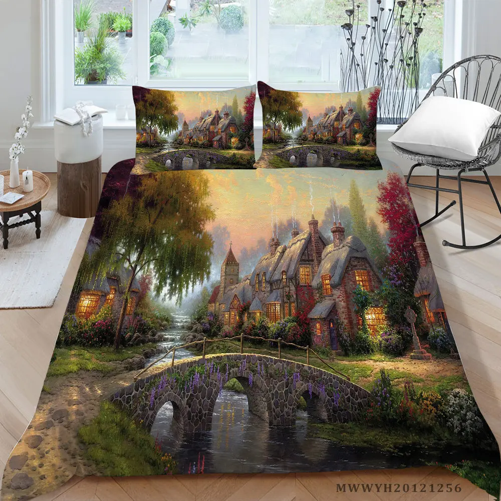 

Small Town Bedding Set Cartoon Fantasy Beautiful Duvet Cover Oil Painting King Queen Double Single Twin Full Bed Set For Girls
