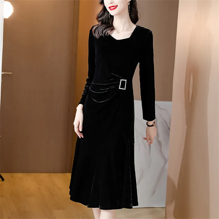 

Женское бархатное платье с V-образным вырезом, длинным рукавом