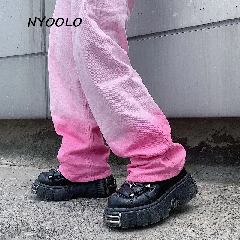 

NYOOLO Casual Streetwear Tie Dye Gradient Pink High Waist Oversized Washed Baggy Jeans Women Vintage Y2K 90S Straight Denim Pant