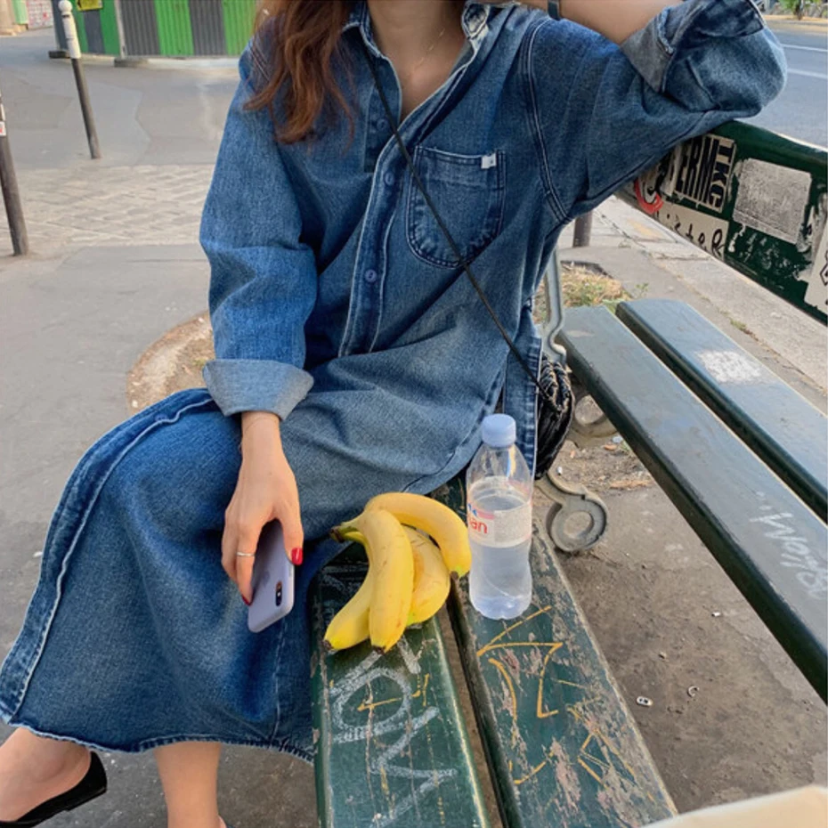 

2020 Autumn Winter Jeans Dress Women Single Breasted Loose Casual Dresses Denim Female Jeans Vestidos Maxi Dress Jacket Coat