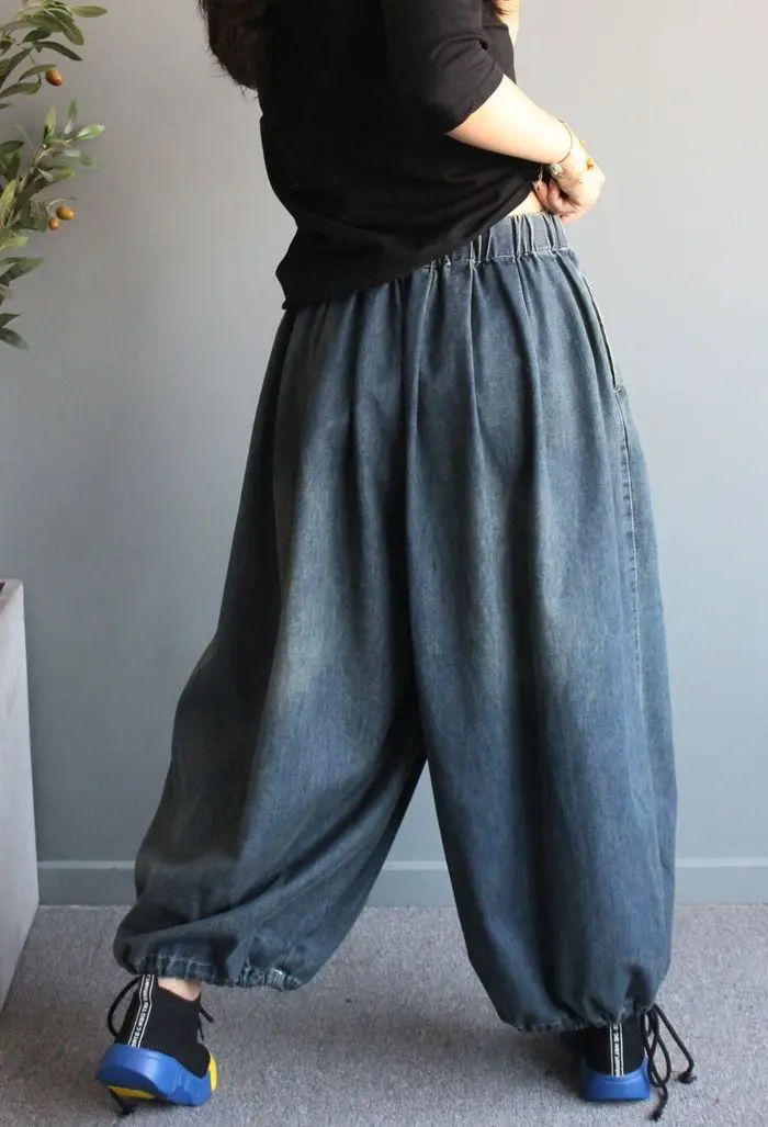 

Casual Women's Oversized Baggy Elastic High Waist Denim Trousers Retro Autumn Distressed Boyfriend Jeans Harem Pants De Mujer