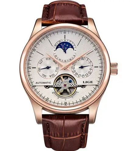 rose gold white LIGE, роскошные брендовые водонепроницаемые военные спортивные мужские часы, мужские часы с двойным Tourbillon, автоматические механические часы, мужские часы - Цвет: rose gold white