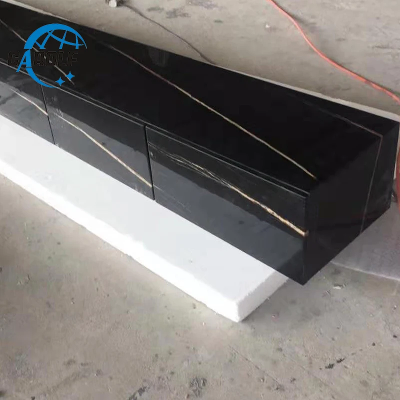 Cheap Price TV Cabinet Modern Black Marble TV Stand Table With 6 Drawers Storage