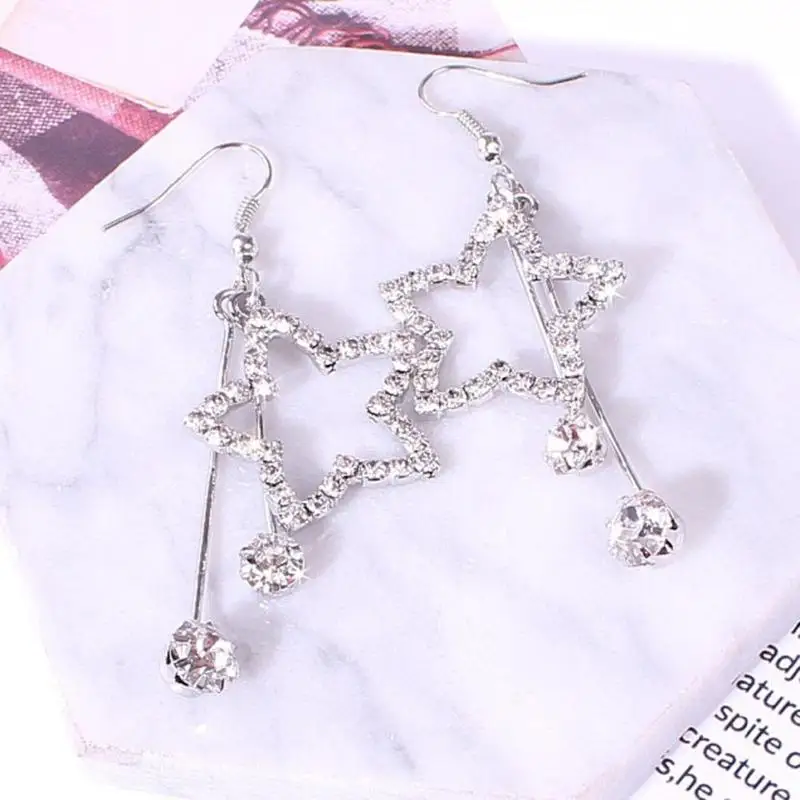 Женские серьги подвески с полой звездой длинные кисточками изысканные стразы